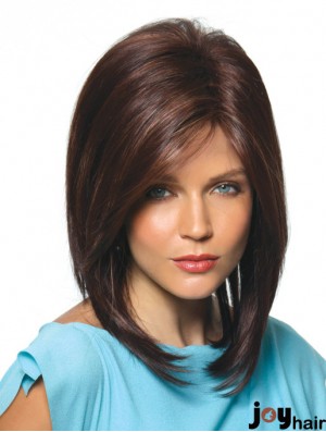 Brown Shoulder Length Straight With Bangs 14 inch Hairstyles Medium Wigs