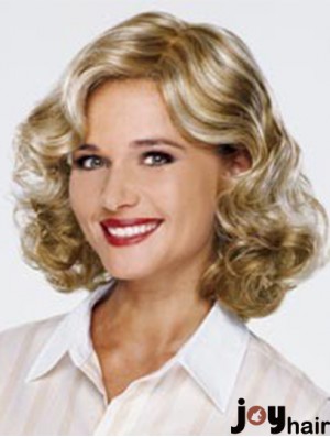 Blonde Shoulder Length Curly Without Bangs 13 inch Fashionable Medium Wigs