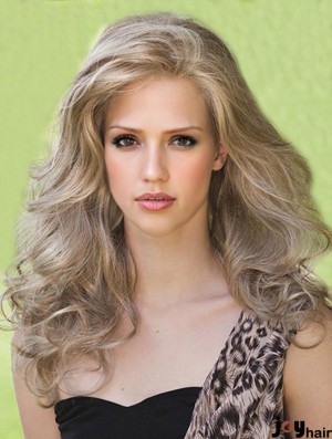 Designed Blonde Long Without Bangs Wavy Glueless Lace Front Wigs