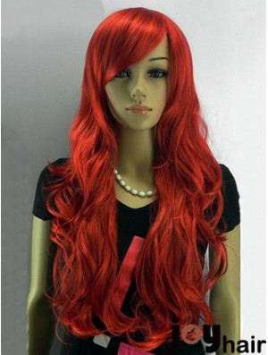 24 inch Wavy With Bangs Capless Red Affordable Long Wigs