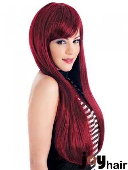 Straight With Bangs Lace Front Ideal 24 inch Red Long Wigs