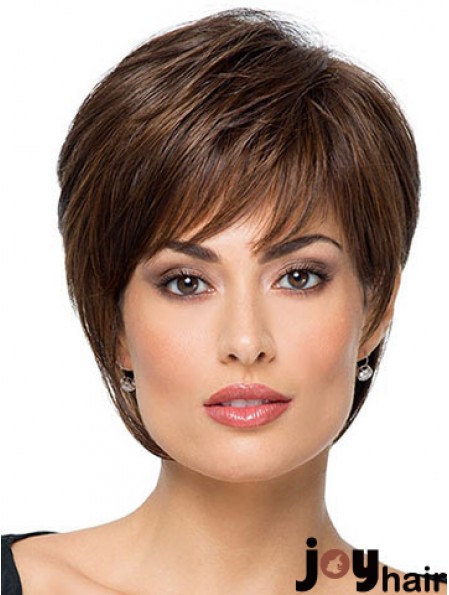 Suitable 8 inch Straight Brown With Bangs Short Wigs