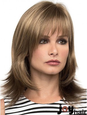 With Bangs Brown Wavy Shoulder Length 14 inch Sassy Medium Wigs