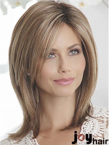 Layered Brown Straight Shoulder Length 14 inch Sleek Medium Wigs