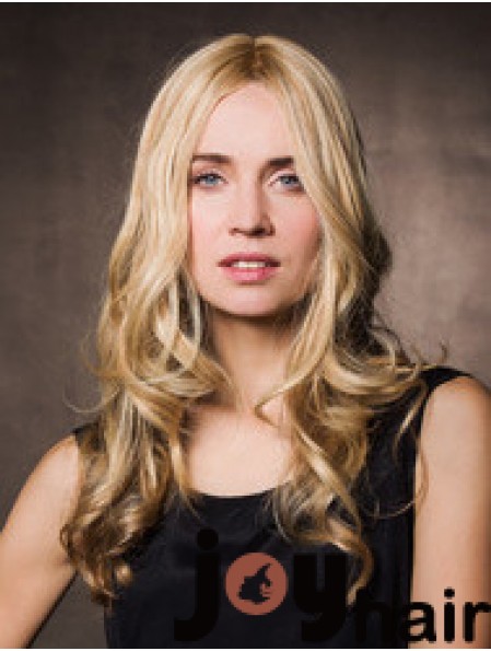 Monofilament Synthetic 17 inch Long Wavy Blonde Without Bangs Cheap Wigs For Cancer Patients