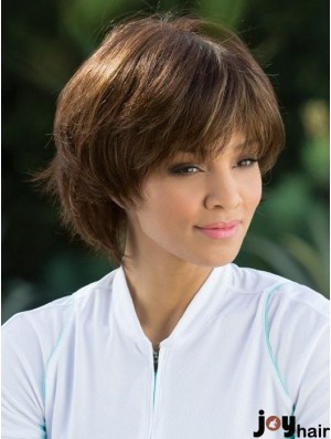 Straight Brown With Bangs 8 inch Mono Top Wigs