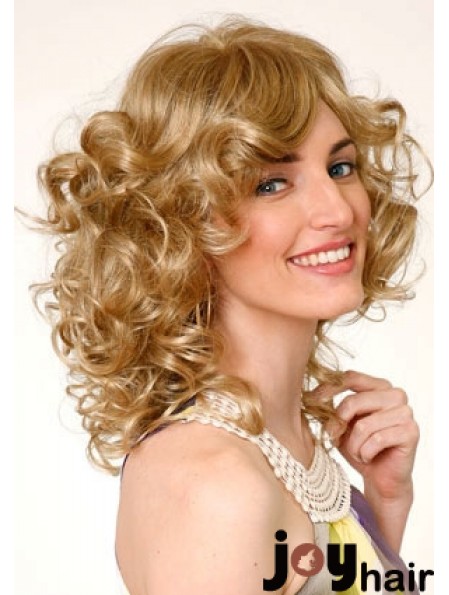 Layered Blonde Curly Shoulder Length 16 inch Durable Medium Wigs