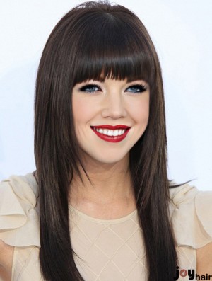 Human Hair Carly Rae Jepsen Wigs 100% Hand Tied Black Color With Bangs