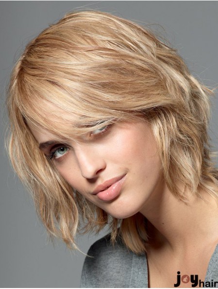 With Bangs Blonde Wavy Shoulder Length 10 inch No-Fuss Medium Wigs