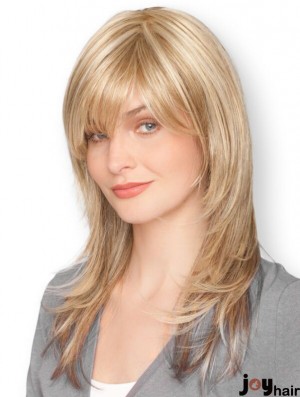 Blonde 16 inch Sleek Long Straight With Bangs Lace Wigs