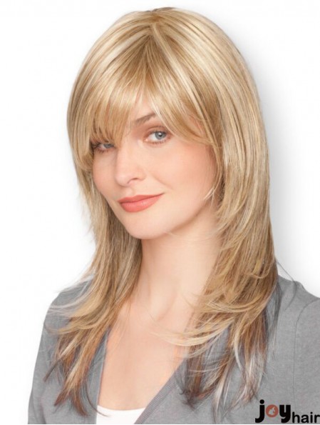 Blonde 16 inch Sleek Long Straight With Bangs Lace Wigs