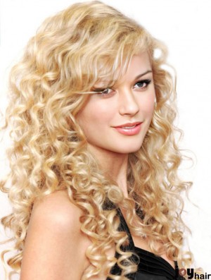 100% Hand-tied With Bangs Curly Long Blonde Stylish  Wigs