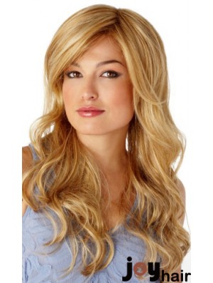 Sleek Blonde Wavy With Bangs Monofilament Long Wigs