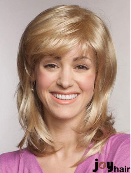 Straight With Bangs Shoulder Length Blonde Popular Lace Front Wigs