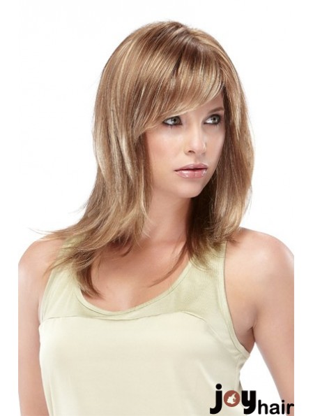 Straight With Bangs Shoulder Length Blonde Designed Lace Front Wigs