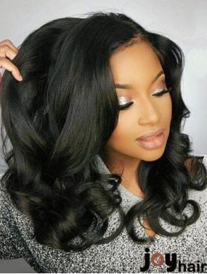 Remy Human Hair Black Wavy 18 inch Without Bangs 360 Lace Wigs