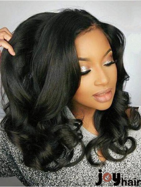 Remy Human Hair Black Wavy 18 inch Without Bangs 360 Lace Wigs