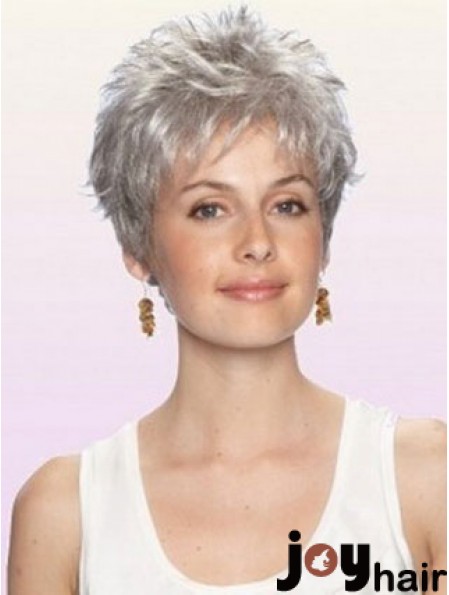 Grey Wig With Capless Cropped Length Boycuts Wavy Style