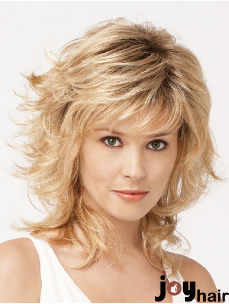 Shoulder Length Layered 13 inch Wavy Blonde Medium Wigs