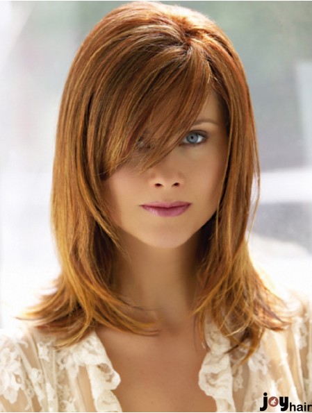 Shoulder Length With Bangs 14 inch Straight Auburn Medium Wigs