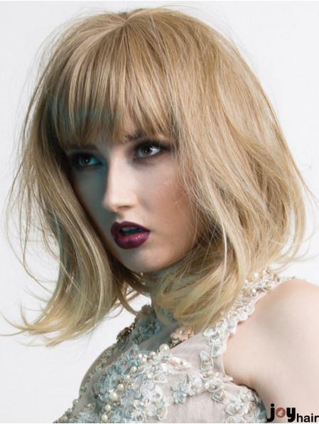 Shoulder Length With Bangs 14 inch Wavy Blonde Medium Wigs