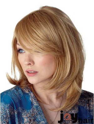 Cheapest Straight Blonde Shoulder Length With Bangs Medium Wigs