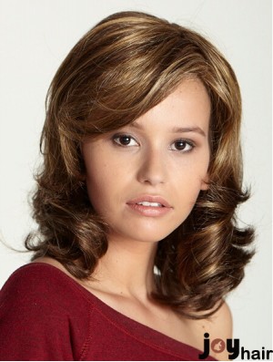 Shoulder Length With Bangs 15 inch Curly Brown Medium Wigs