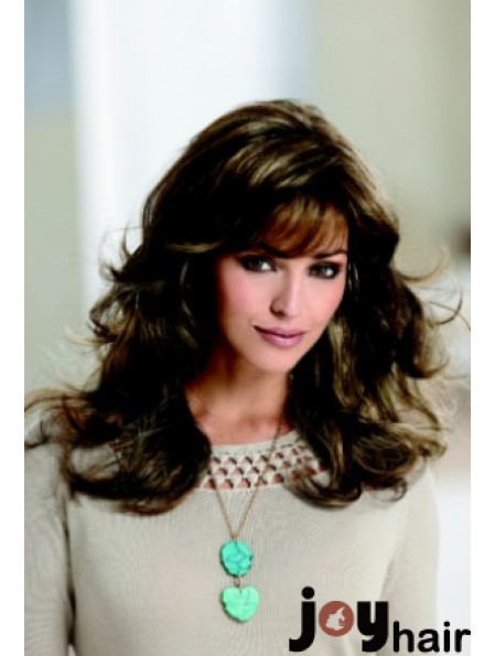 Sleek Brown Wavy With Bangs Capless Long Wigs