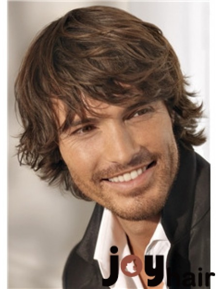 Brown Remy Human Short Wavy Monofilam Cheap Wigs For Men