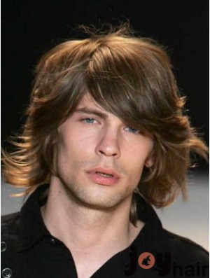 Auburn Chin Length Capless Wavy Mens Real Hair Wig