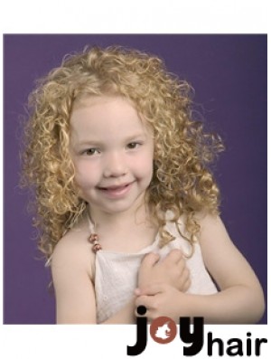 Curly Shoulder Length Blonde Synthetic 100% Hand-tied Kids Wigs