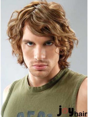 Lace Front Brown Remy Human Curly With Bangs Men's Wigs In UK