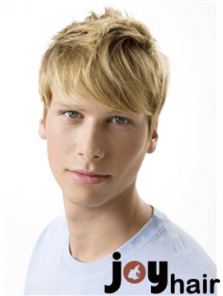 Remy Human 100% Hand Tied Short Wavy Blonde Wigs For Men