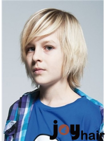 Straight Chin Length Blonde Remy Human Hair Capless Kids Wigs