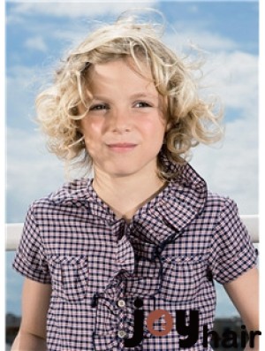 Curly Chin Length Blonde Synthetic 100% Hand-tied Kids Wigs