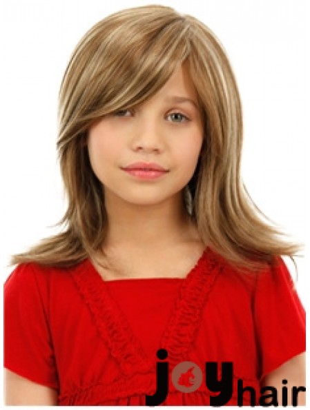 Childrens Wigs Blonde Color Shoulder Length Straight Style With Capless