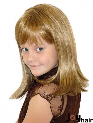 Straight Shoulder Length Blonde Synthetic 100% Hand-tied Kids Wigs