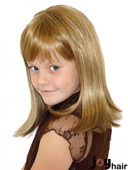 Straight Shoulder Length Blonde Synthetic 100% Hand-tied Kids Wigs