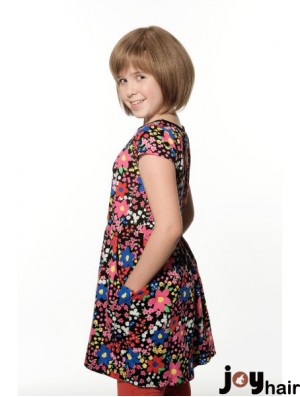 Straight Chin Length Brown Remy Human Hair 100% Hand-tied Kids Wigs