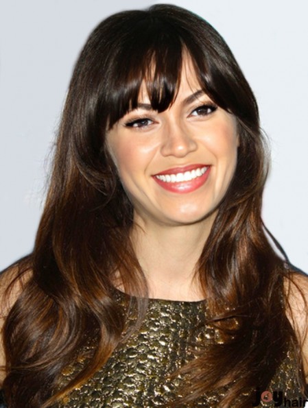 No-Fuss Brown Long Wavy 22 inch With Bangs Zooey Deschanel Wigs