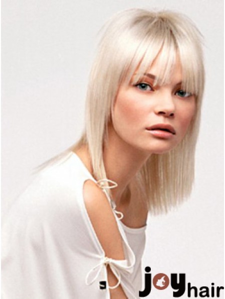 Lace Front With Bangs Shoulder Length Straight 14 inch Platinum Blonde No-Fuss Fashion Wigs