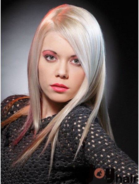 Lace Front Without Bangs Long Straight 16 inch Platinum Blonde Good Fashion Wigs