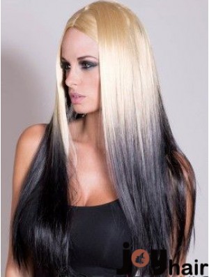 Suitable Ombre/2 Tone Long Straight Without Bangs 22 inch Human Lace Wigs