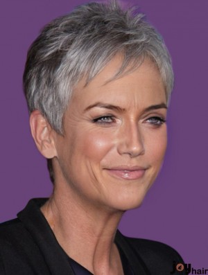 Real Hair Wigs For Women With Capless Short Length Grey Cut