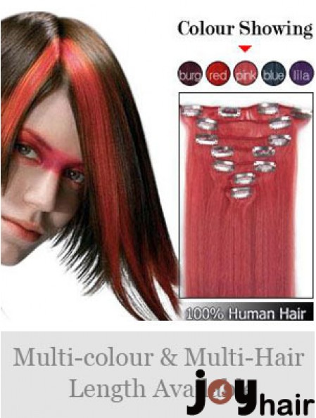 Comfortable Red Straight Remy Human Hair Clip In Hair Extensions